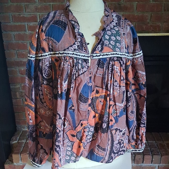 Cleobella Tops - Cleobella Rust and Navy Paisley Boho Button-Front Blouse